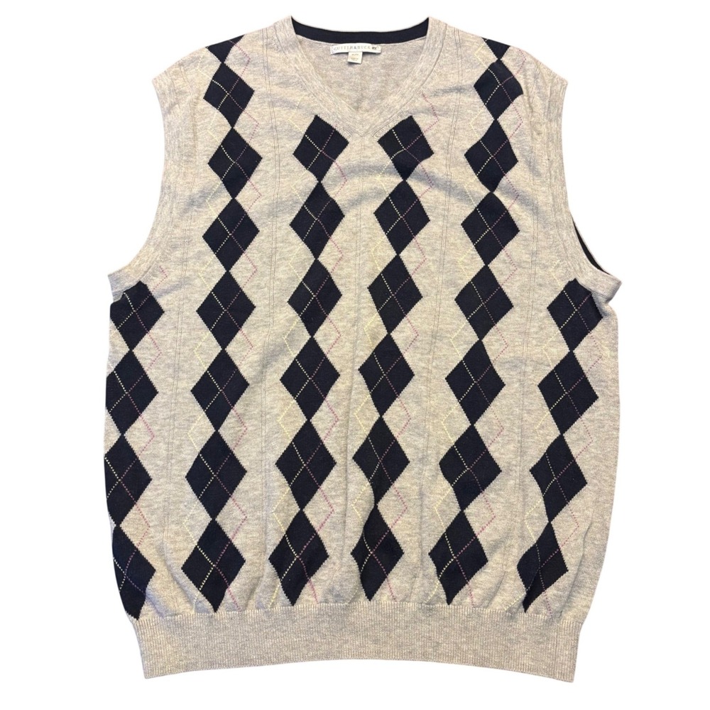 Cutter & Buck | Mens XL | Grey Navy Argyle‎ V-Neck | 100% Cotton Sweater Vest